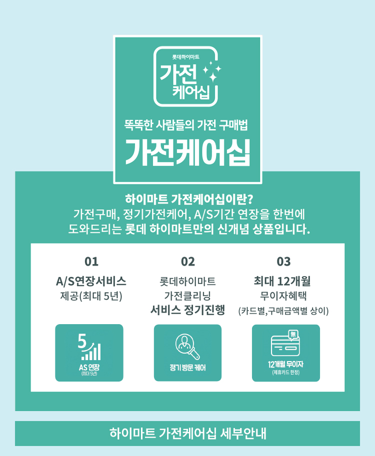 똑똑한 사람들의 가전 구매법 가전케어십, 하이마트 가전케어십이란? 가전구매, 장기가전케어, A/S기간 연장을 한번에 도와드리는 롯데 하이마트만의 신개념 상품입니다.