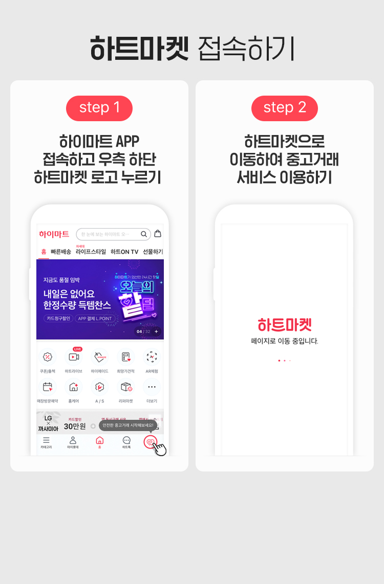 하트마켓 접속하기, step 1 하이마트 APP 접속하고 우측 하단 하트마켓 로고 누르기. step 2 하트마켓으로 이동하여 중고거래 서비스 이용하기