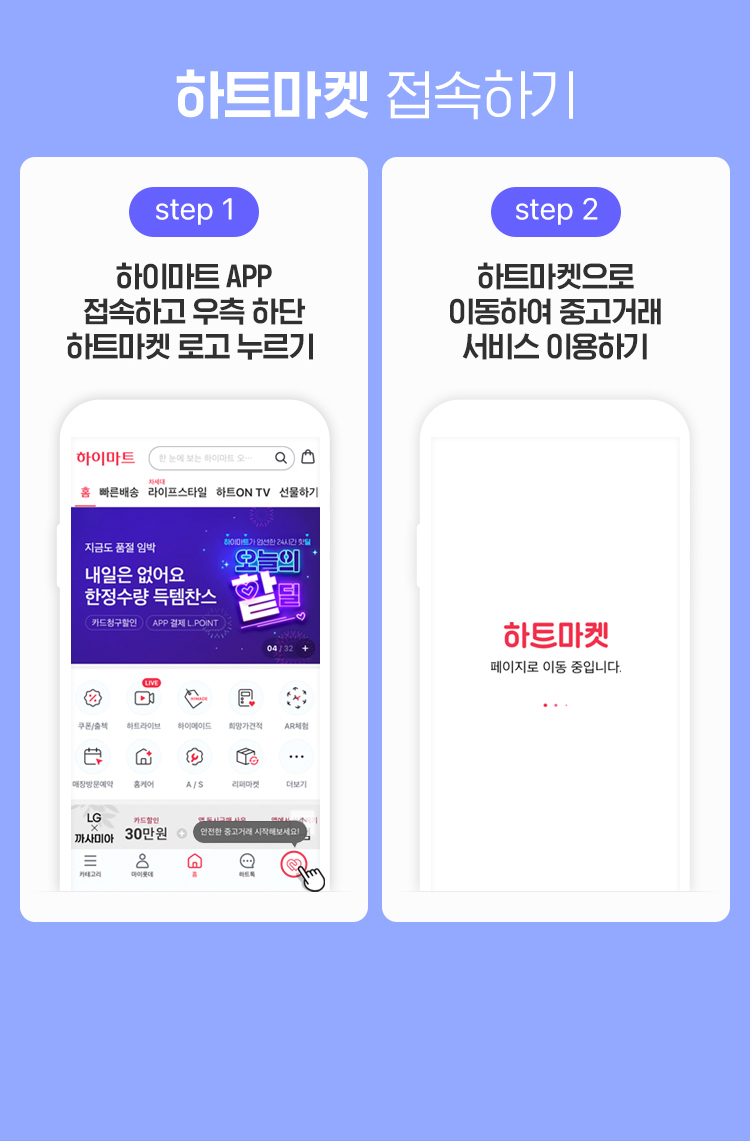 하트마켓 접속하기 step1,하이마트 APP 접속하고 우측 하단 하트마켓 로고 누르기 step2, 하트마켓으로 이동하여 중고거래 서비스 이용하기