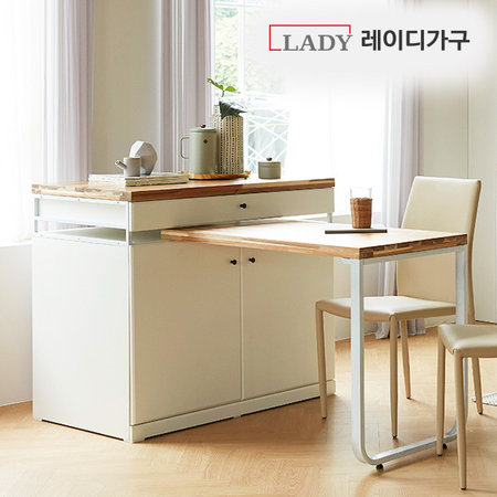 레트로W 수납 확장형 아일랜드 식탁 _바디:퓨어화이트-상판:아카시아