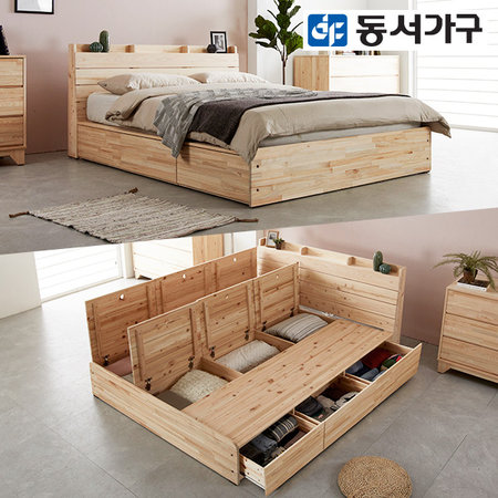 XXXXXX판매종료XXXXXX알로 USB 편백 멀티수납 퀸 원목침대＋독립매트 _내츄럴