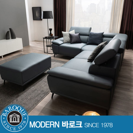 W제나) 마이크로레더 헤드무빙 코너소파 풀세트 + 특대형오토만 그레이블루