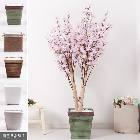 쌍대벚꽃나무화분set 200cm K [조화] 핑크-사방형:빈티지마야우드화분(28cm) 5-5